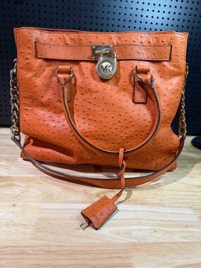 Michael Kors Orange Ostrich-Texture Leather Tote with Gold Accent